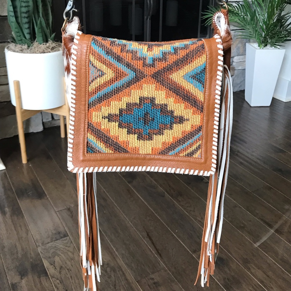 Myra Cowhide Leather Aztec Fringe Crossbody Shoulder Purse Boho Western